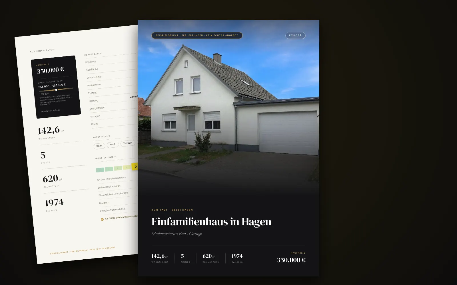 Exposé des Beispielobjekts in Hagen: Titelseite mit Foto, Titel und Kaufpreis, dahinter zwei weitere Seiten